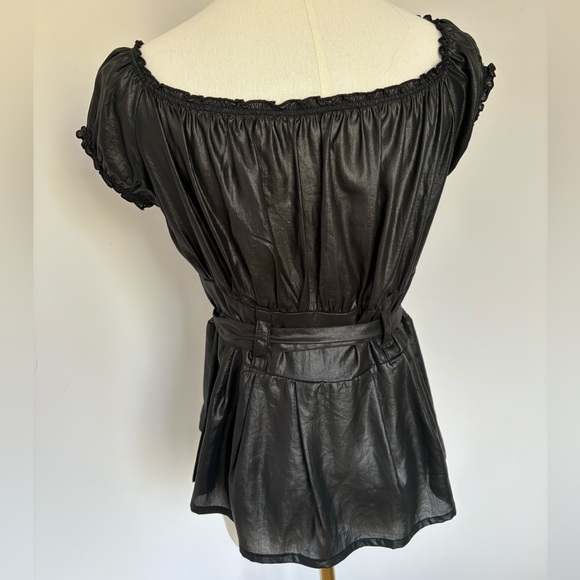 Black Puff Sleeve Ruched Blouse with Tie Front - Picture 3 of 4